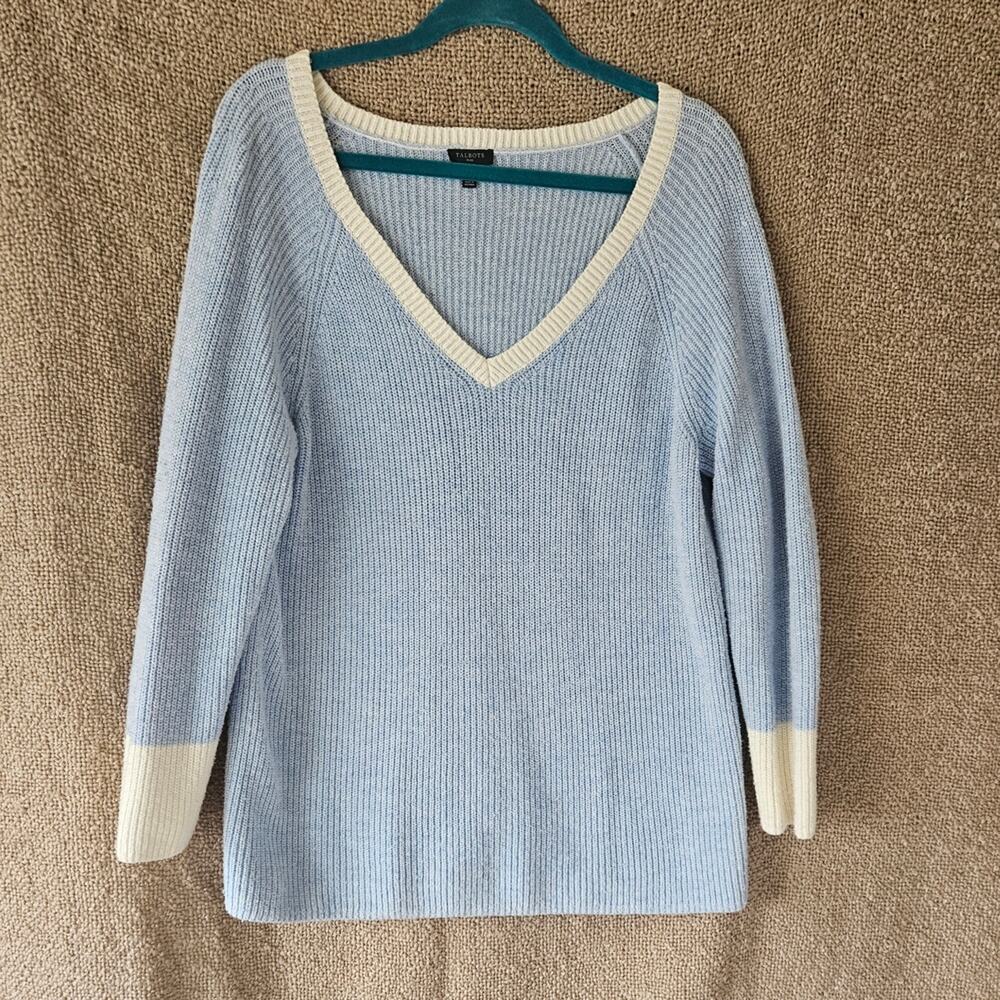 Talbots Plus 1X Tipped V-Neck Pullover Sweater Light Blue White Ribbed Knit
